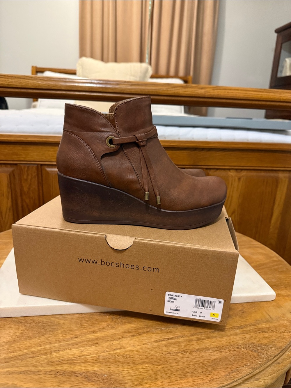 boc Brown Leather Wedge Ankle Boot with Tassel Detail